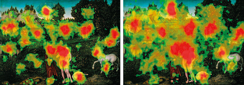 Heat map of the fixations of 50 Austrian (left) and 50 Japanese (right) participants looking at Cranach’s Paradise for two minutes each.