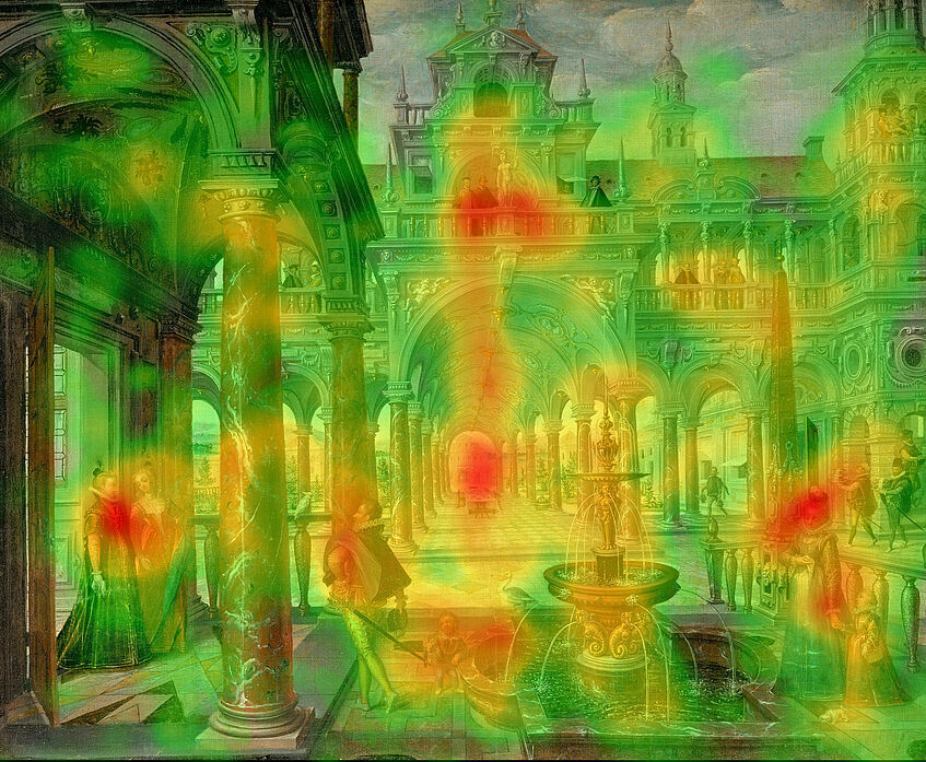 Heatmap of fixations, Hans Vredeman de Vries, Palatsarchitektur mit vornehmen Besuchern, 1596 (Kunsthistorisches Museum, Vienna)